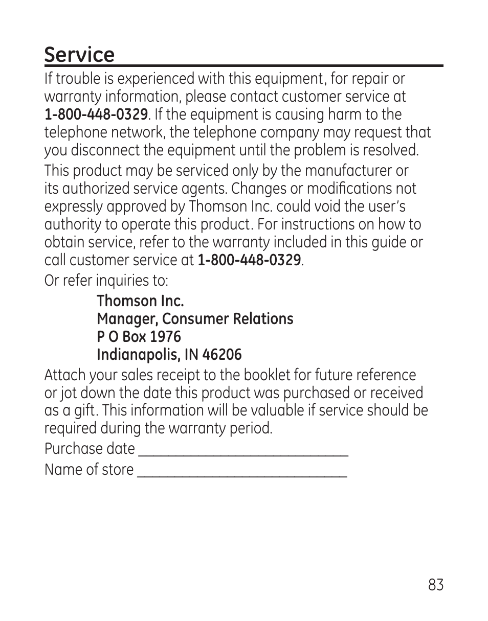 Service | GE 27907 Series User Manual | Page 83 / 94