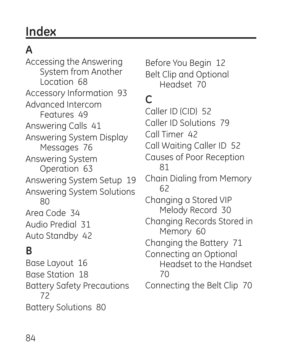 Index | GE 27907 Series User Manual | Page 84 / 94