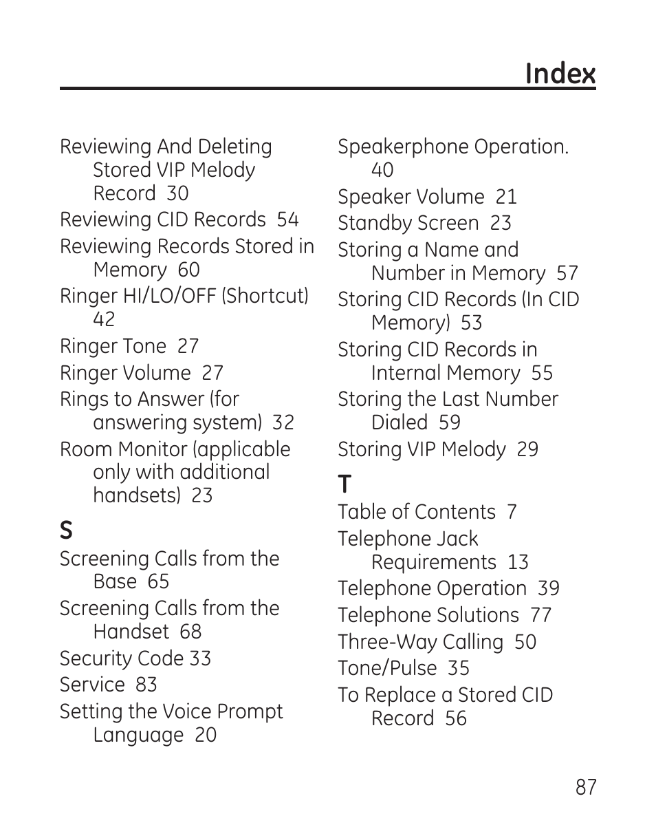 Index | GE 27907 Series User Manual | Page 87 / 94