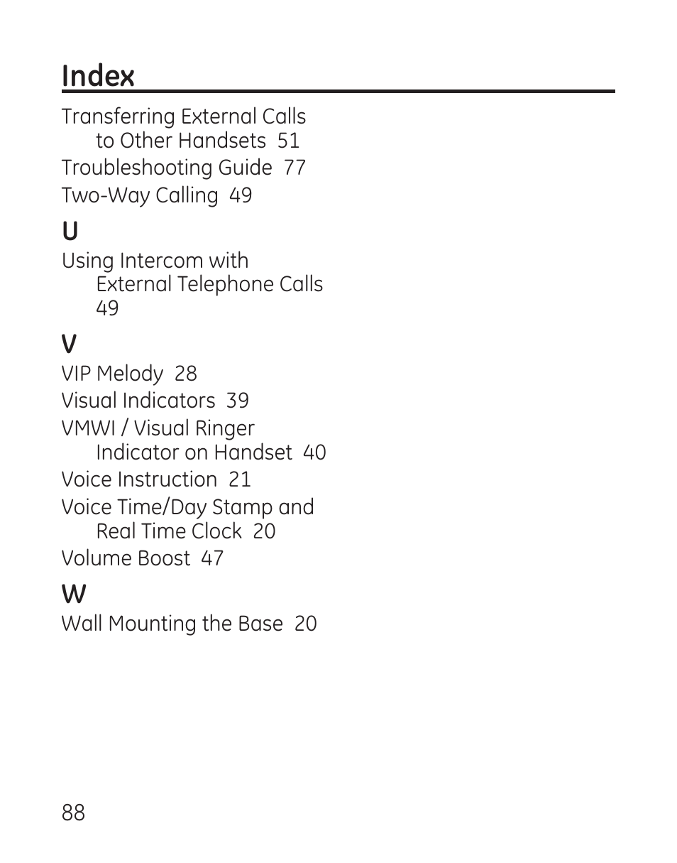 Index | GE 27907 Series User Manual | Page 88 / 94