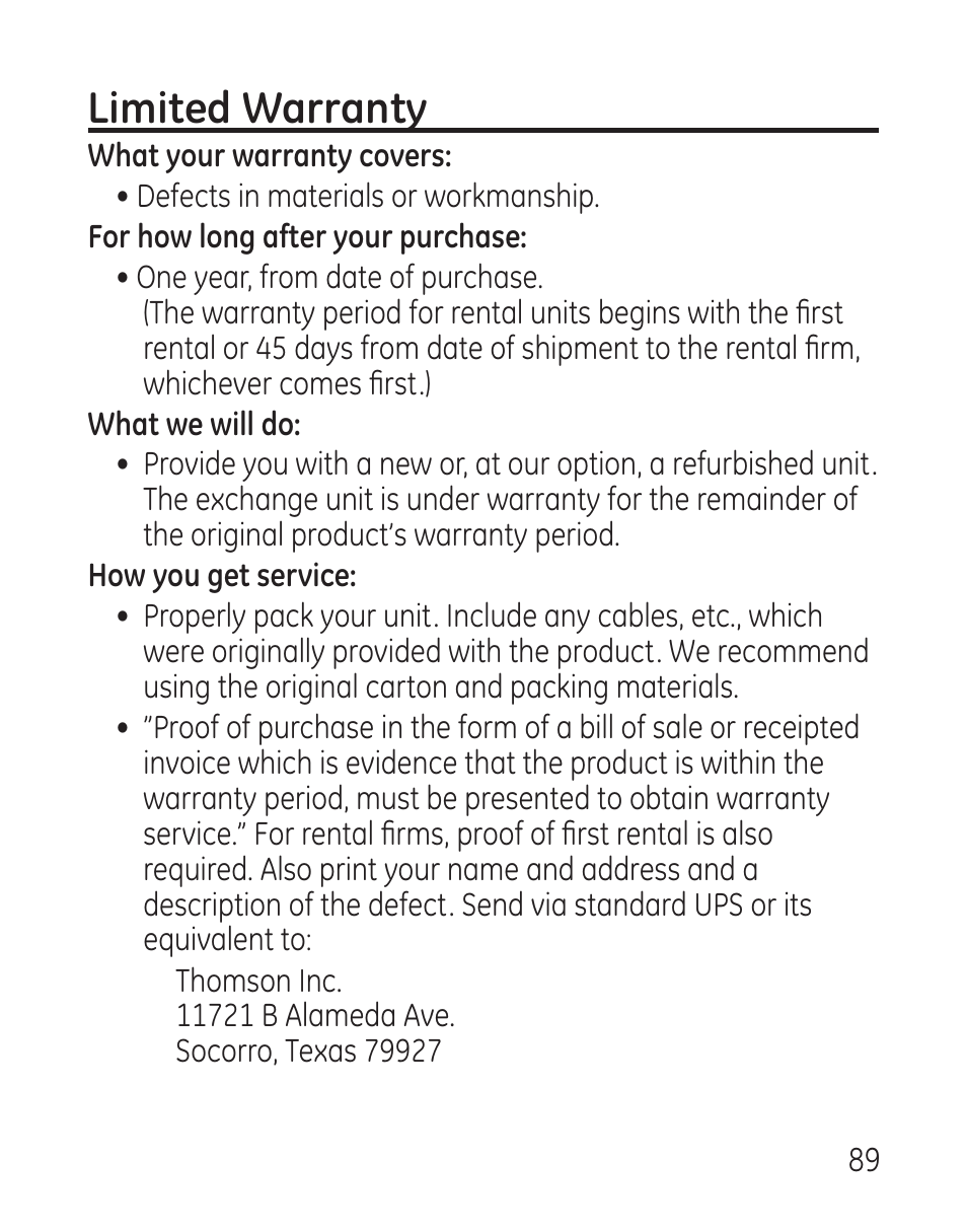 Limited warranty | GE 27907 Series User Manual | Page 89 / 94