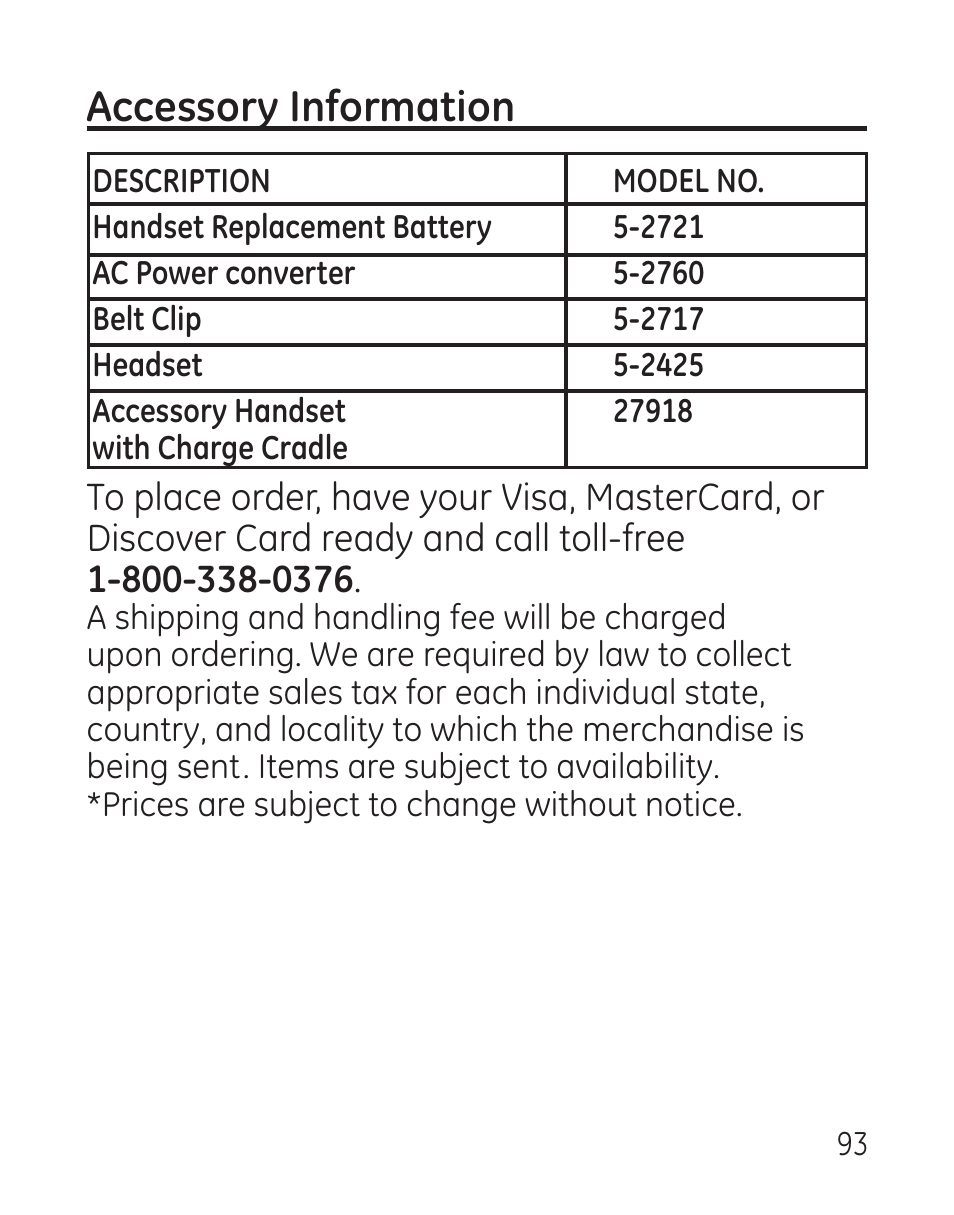 Accessory information | GE 27907 Series User Manual | Page 93 / 94