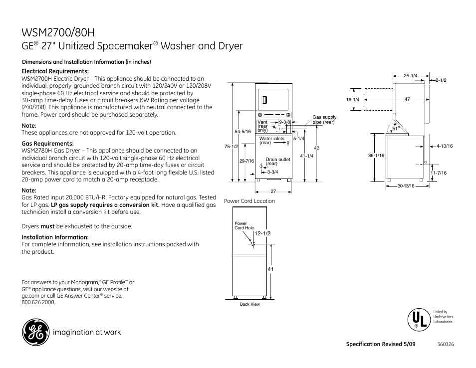 GE Unitized Spacemaker WSM2780H User Manual | 3 pages