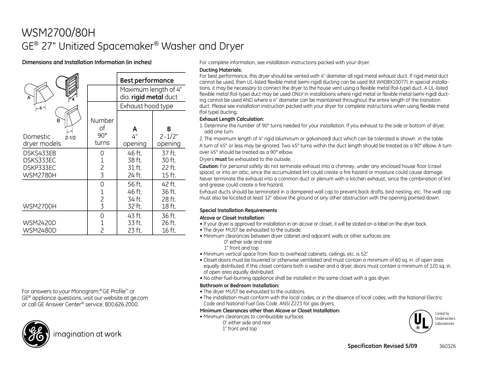 27" unitized spacemaker, Washer and dryer | GE Unitized Spacemaker WSM2780H User Manual | Page 2 / 3