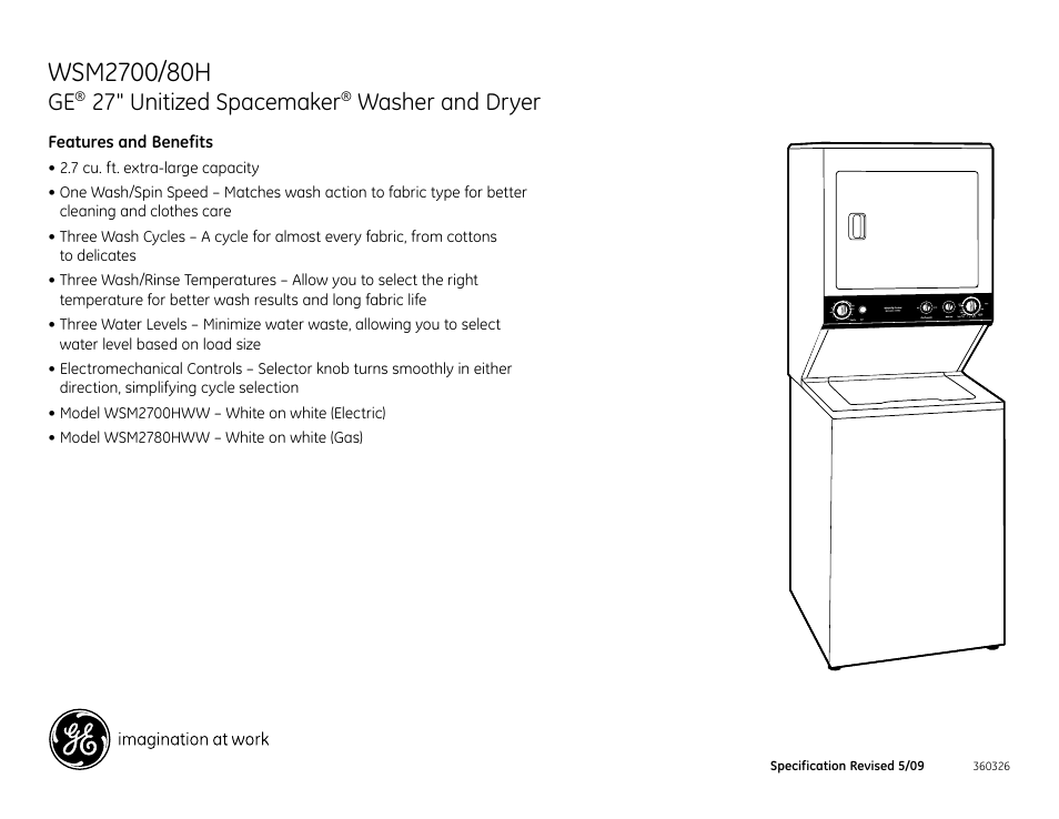 27" unitized spacemaker, Washer and dryer | GE Unitized Spacemaker WSM2780H User Manual | Page 3 / 3