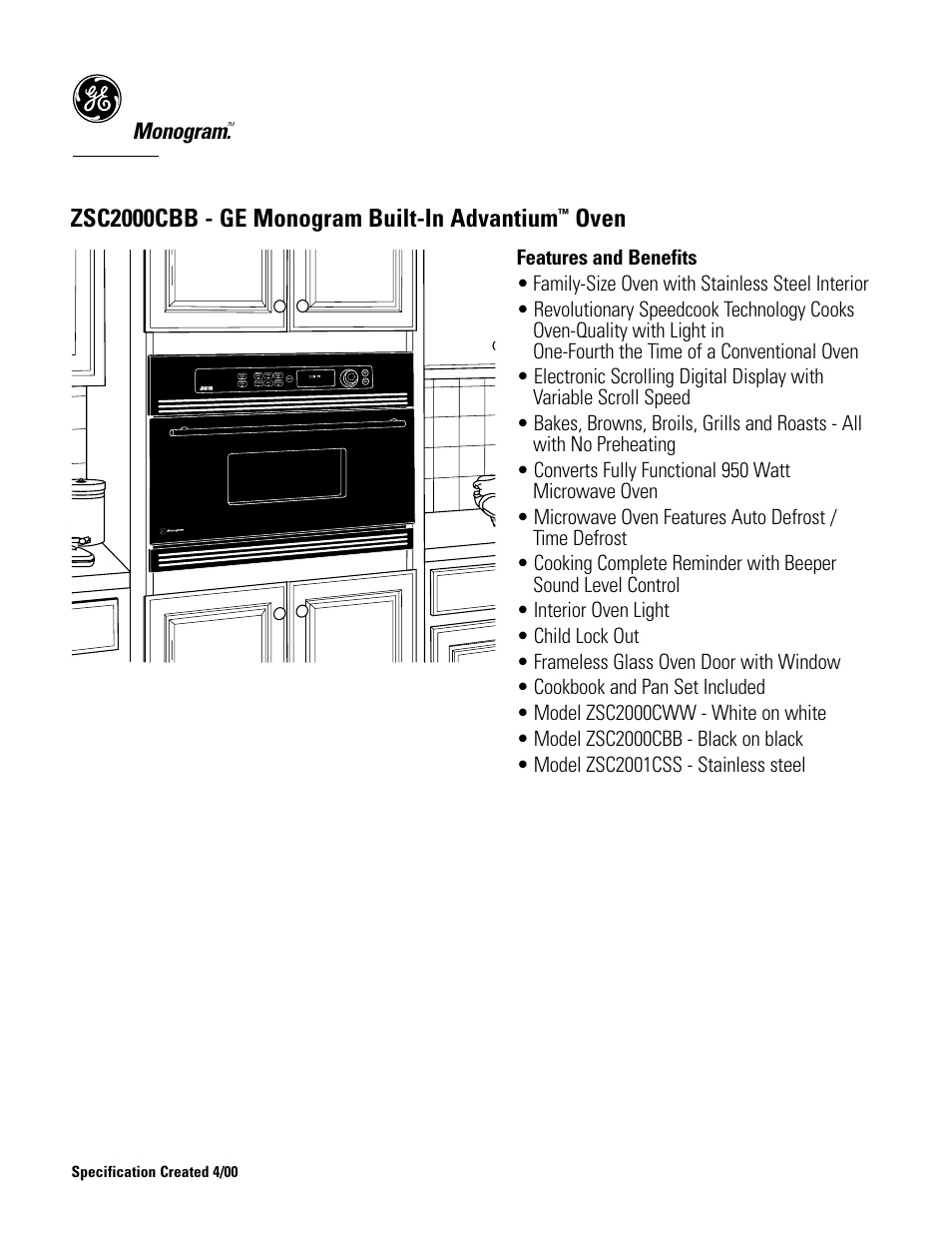 Zsc2000cbb - ge monogram built-in advantium, Oven, Monogram | GE ZSC2000CBB User Manual | Page 3 / 3