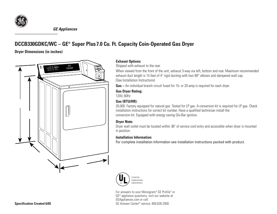 GE DCCB330GDWC User Manual | 3 pages