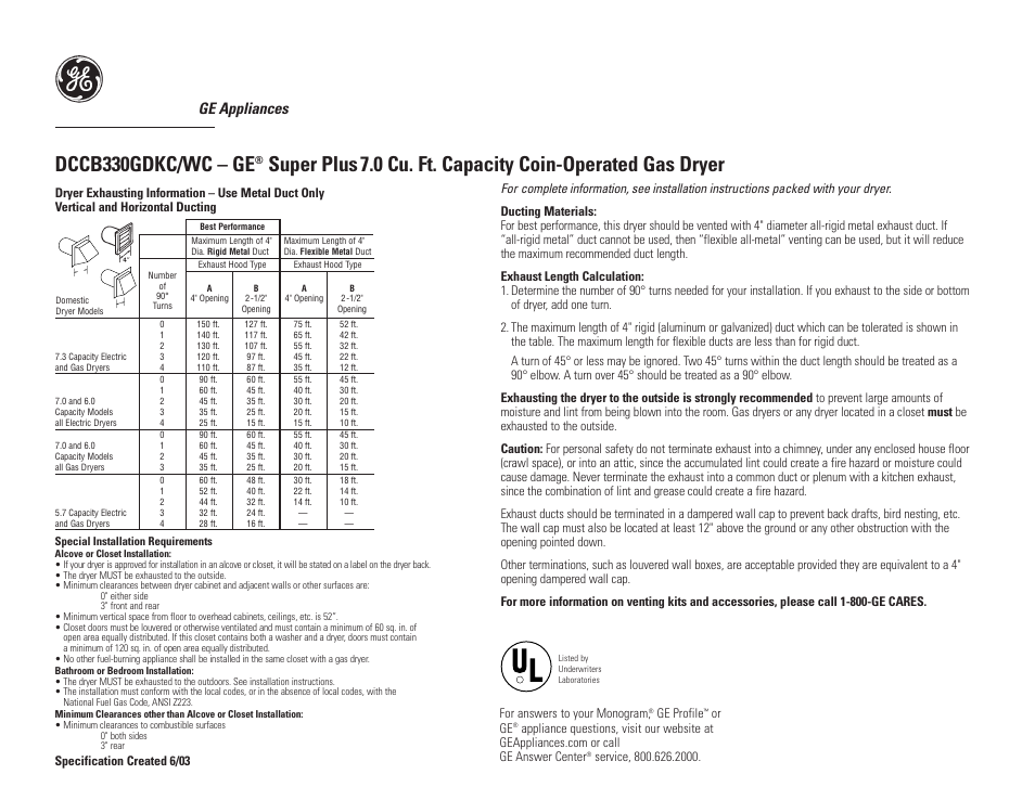 Dccb330gdkc/wc – ge, Ge appliances | GE DCCB330GDWC User Manual | Page 2 / 3