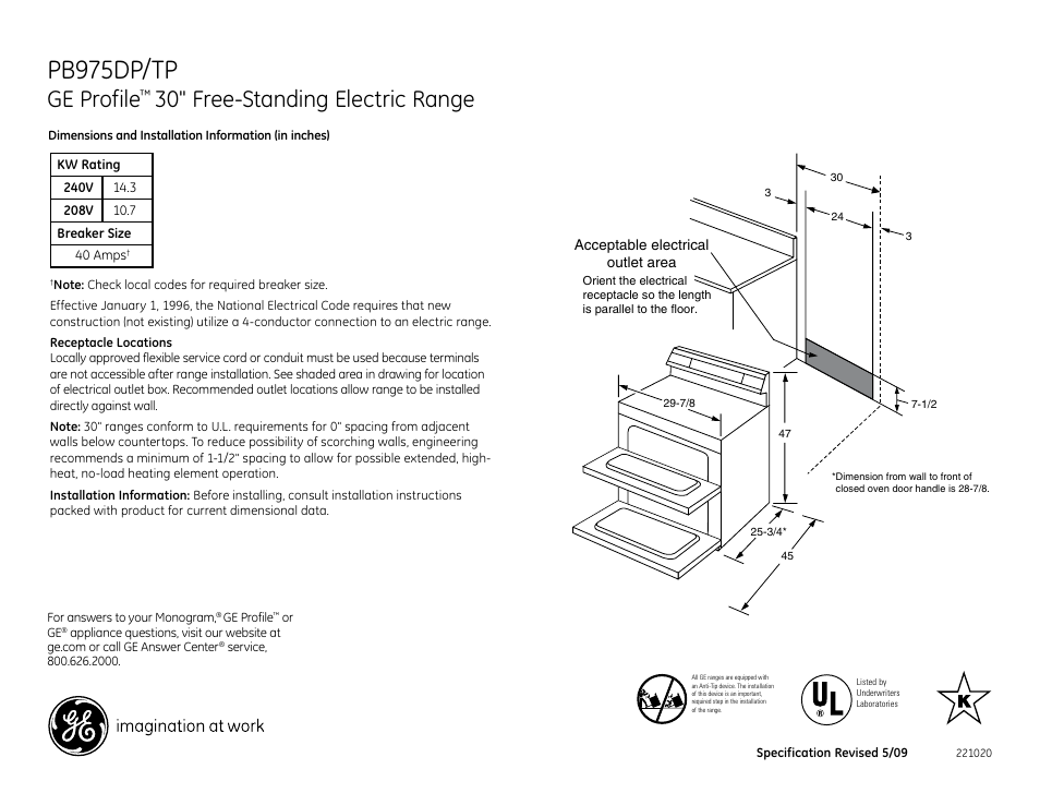 GE Profile PB975TPWW User Manual | 2 pages