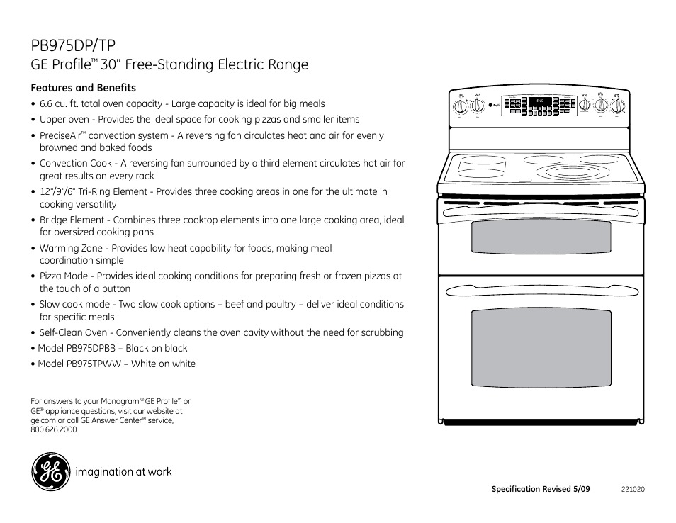 Pb975dp/tp, Ge profile, 30" free-standing electric range | Features and benefits, Roil, Tart, Izza, Pper, Ower, Itchen | GE Profile PB975TPWW User Manual | Page 2 / 2