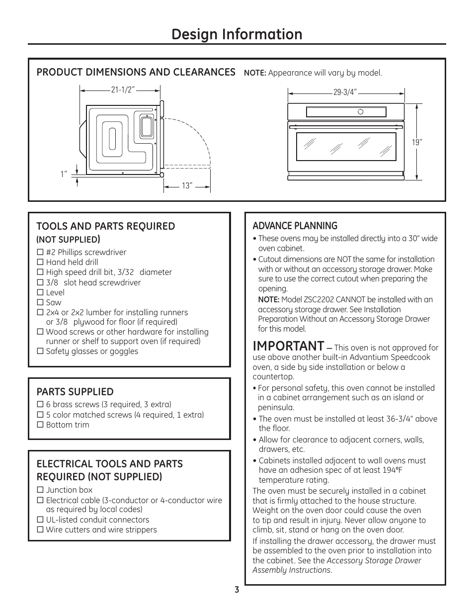 Design information, Important, Product dimensions and clearances | Tools and parts required, Parts supplied, Electrical tools and parts required (not supplied), Advance planning | GE Advantium PSB2201 User Manual | Page 3 / 16