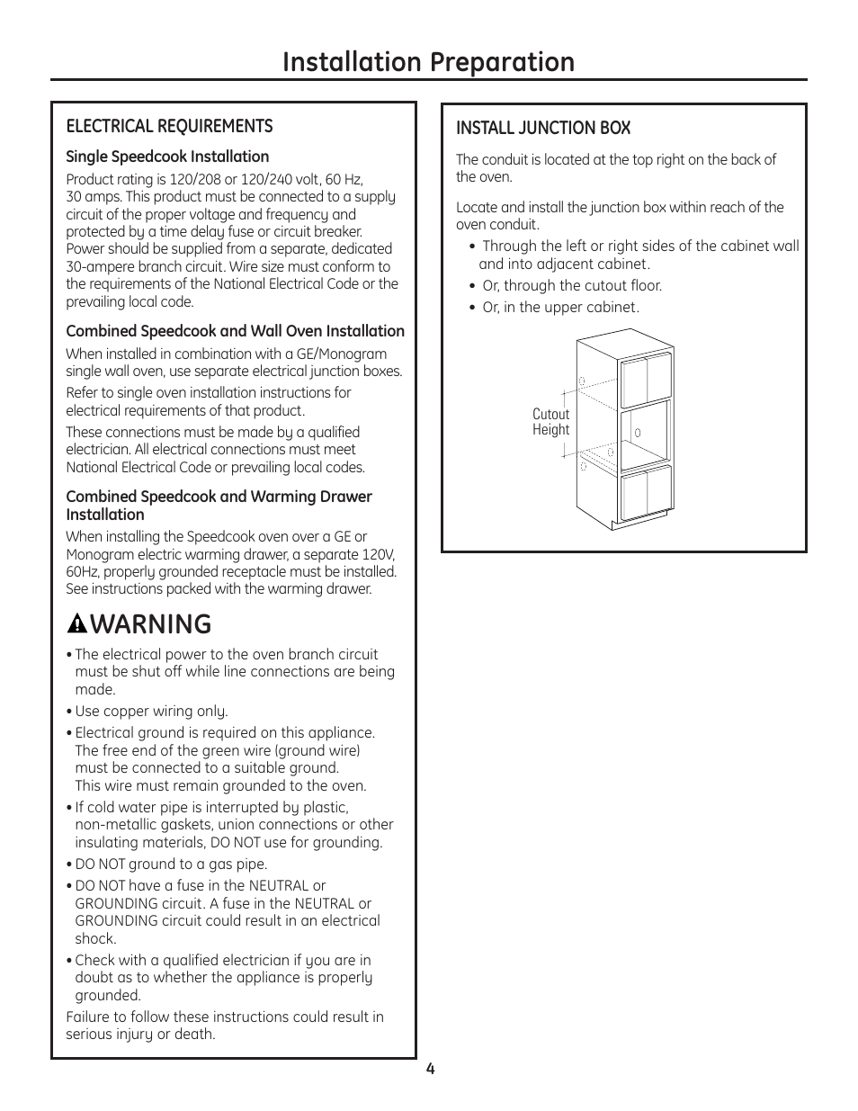 Installation preparation, Warning | GE Advantium PSB2201 User Manual | Page 4 / 16