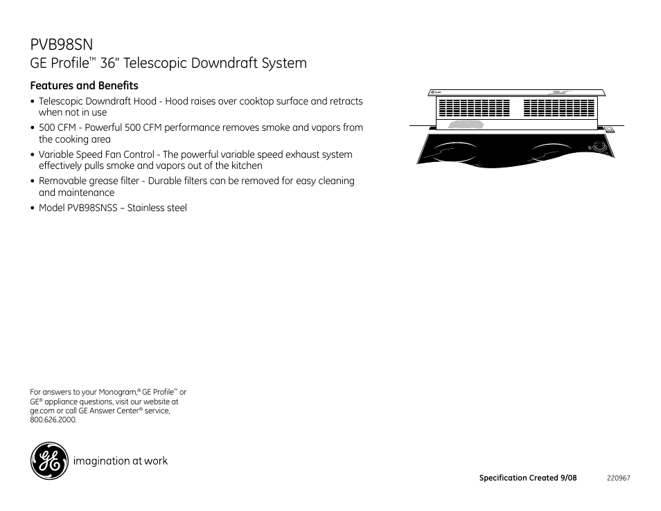 Pvb98sn, Ge profile, 36" telescopic downdraft system | Pvb98snss | GE Profile PVB98SN User Manual | Page 3 / 3