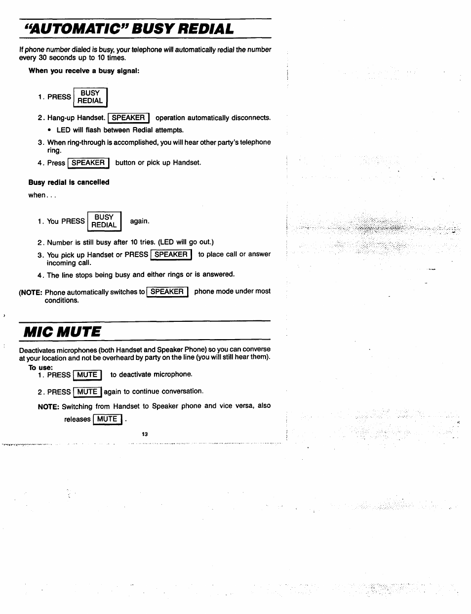 Automatic” busy redial, Mic mute, Automatic busy redial | GE 2-9435 User Manual | Page 12 / 29