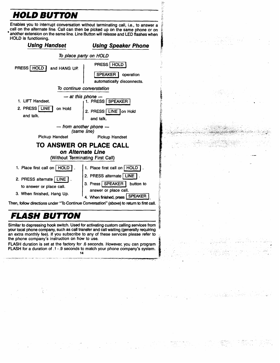 Hold button, Using speaker phone, On aiternate line | Flash button, Hold button flash button, Using handset using speaker phone, At this phone | GE 2-9435 User Manual | Page 13 / 29