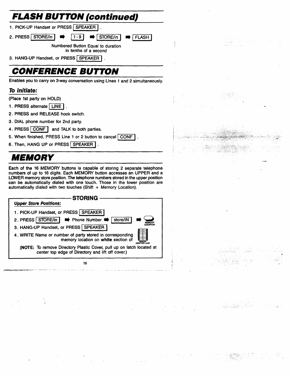Flash button (continued), Conference button, To initiate | Memory, Storing | GE 2-9435 User Manual | Page 14 / 29