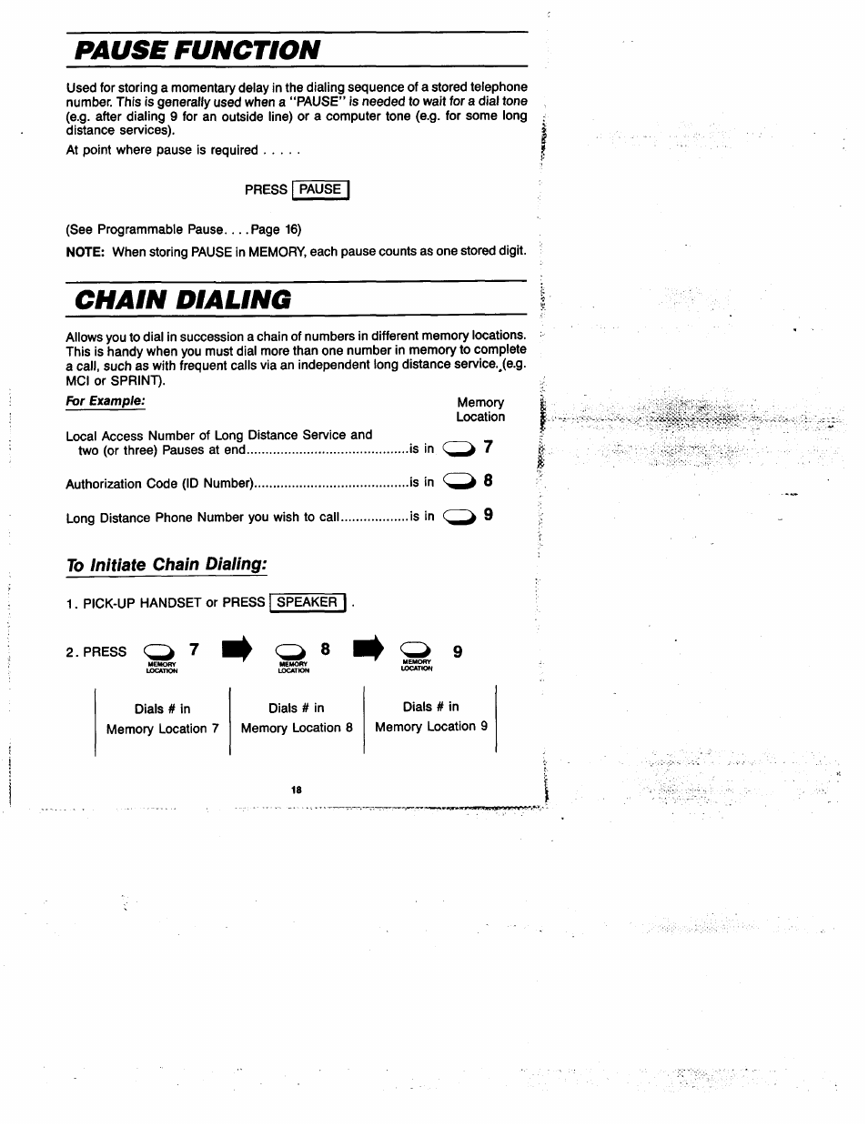Pause function, Chain dialing, To initiate chain dialing | Pause function chain dialing | GE 2-9435 User Manual | Page 17 / 29