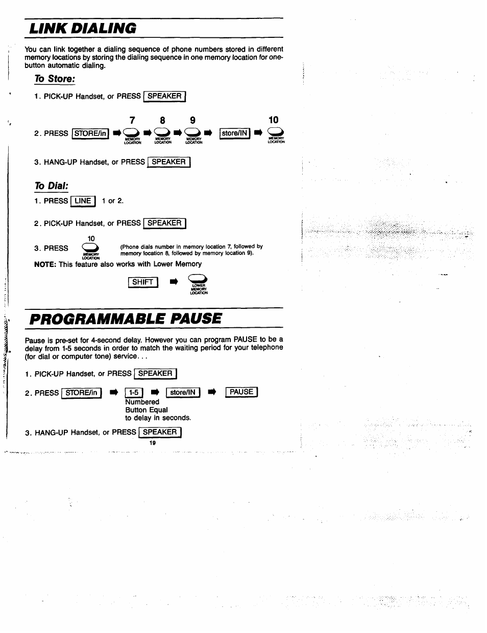 Link dialing, To store, To dial | Programmable pause, Dialing | GE 2-9435 User Manual | Page 18 / 29