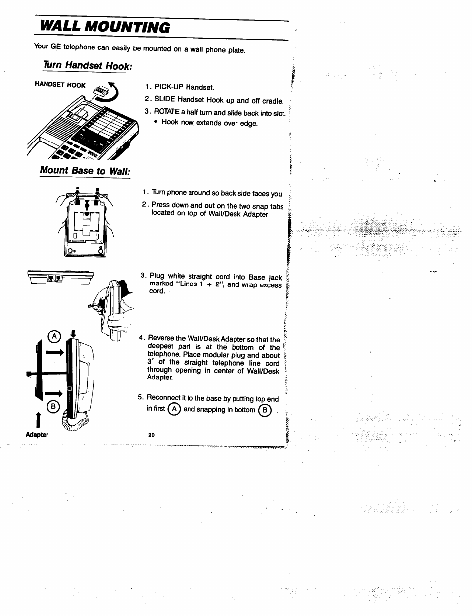 Wall mounting, Turn handset hook, Mount base to wall | GE 2-9435 User Manual | Page 19 / 29