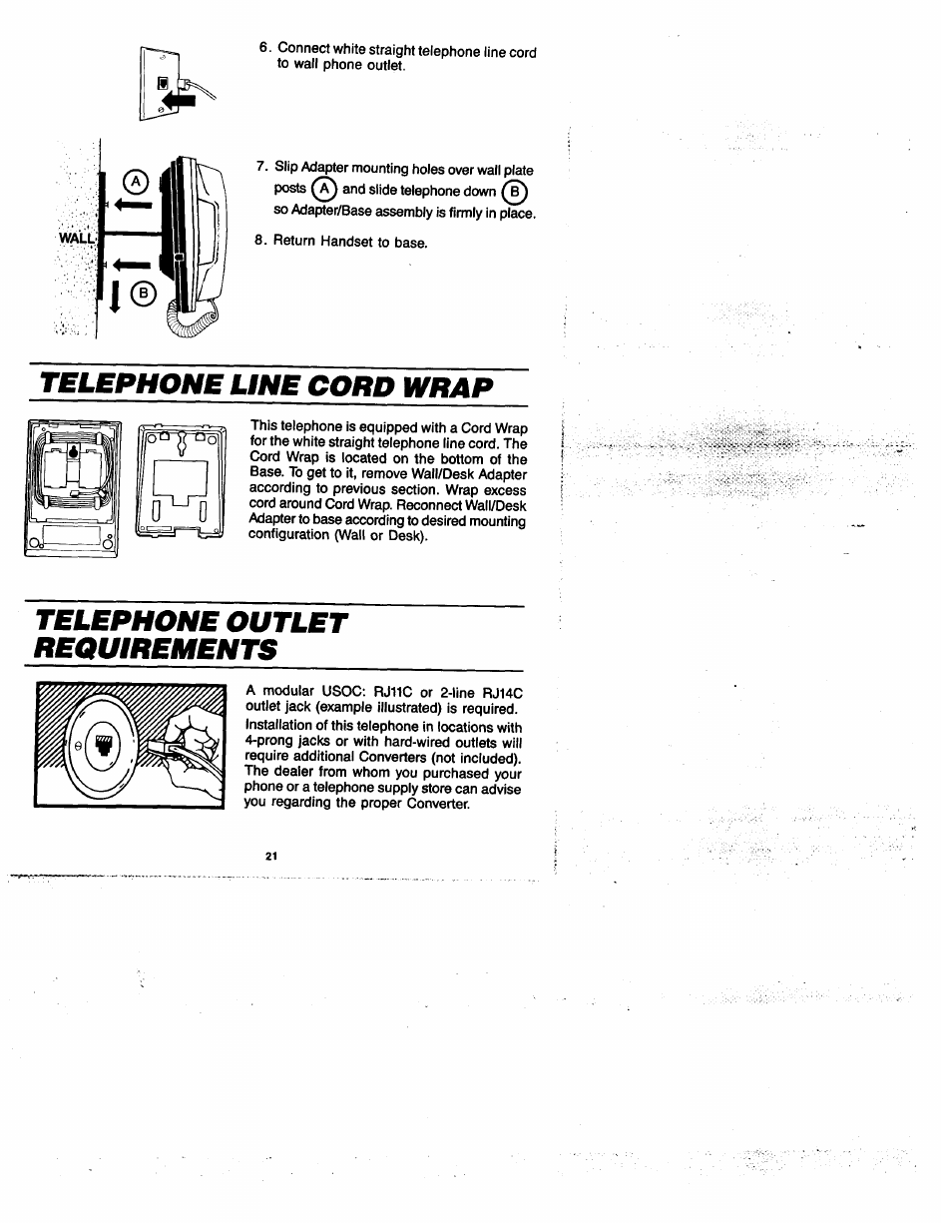 Telephone line cord wrap, Telephone outlet requirements | GE 2-9435 User Manual | Page 20 / 29