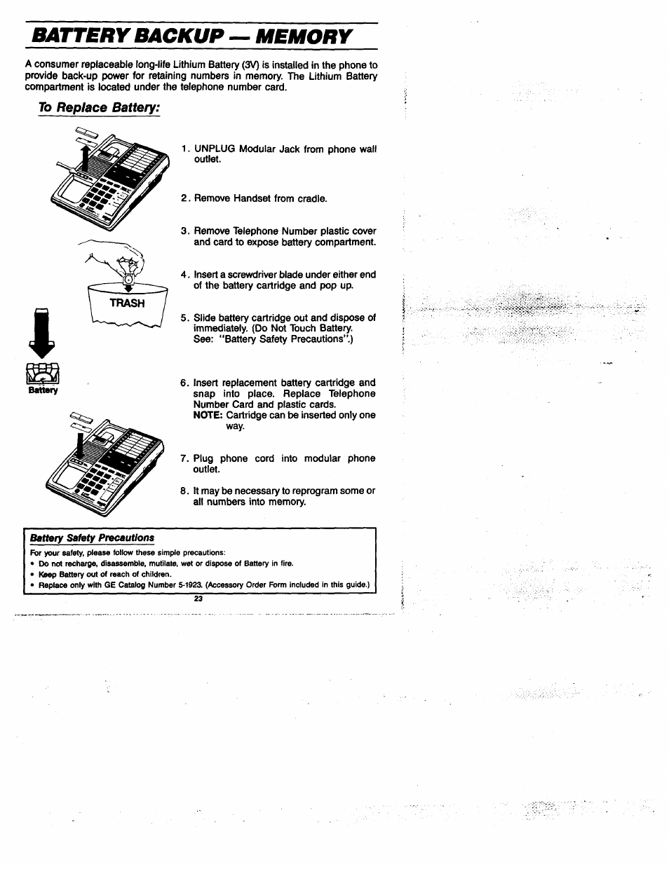 Battery backup — memory, To replace battery, Battery back-up for memory | Battery backup | GE 2-9435 User Manual | Page 22 / 29