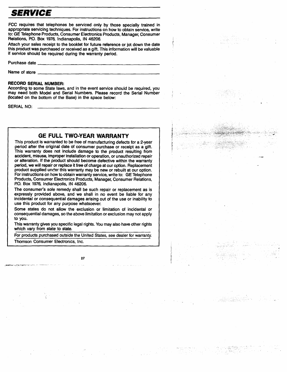 Service, Ge full two-year warranty | GE 2-9435 User Manual | Page 28 / 29