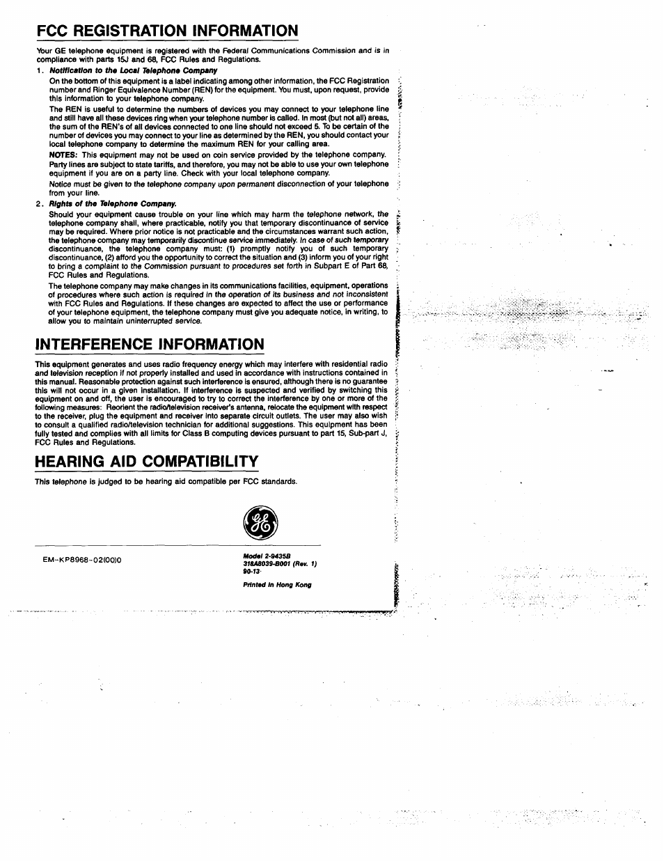 Fcc registration information, Interference information, Hearing aid compatibility | GE 2-9435 User Manual | Page 29 / 29