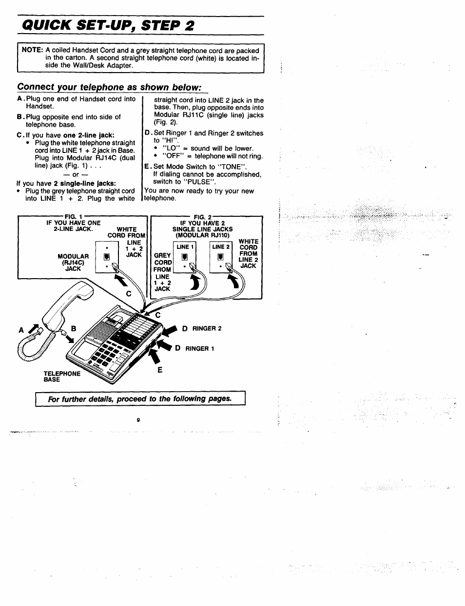Quick set-up, step 2, Connect your telephone as shown below | GE 2-9435 User Manual | Page 8 / 29