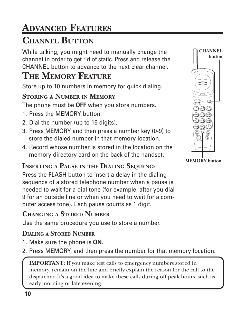 Dvanced, Eatures, Hannel | Utton, Emory, Eature, Use the same procedure you use to store a number | GE 2-9762 User Manual | Page 10 / 20