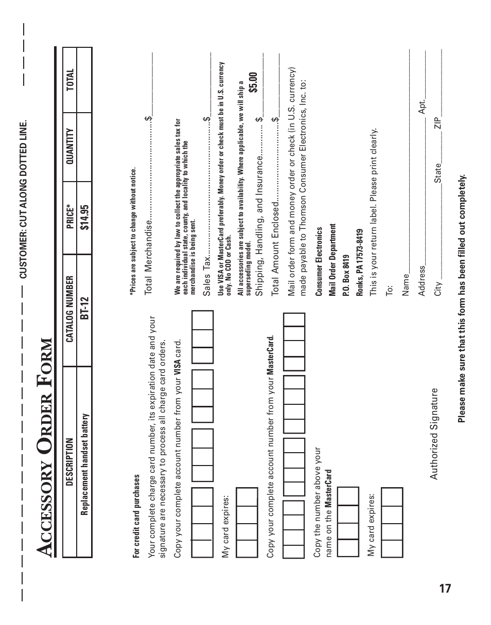 Ccessor y, Rder | GE 2-9762 User Manual | Page 17 / 20