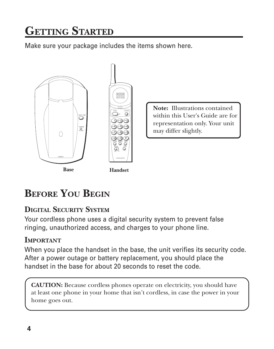 Etting, Tarted, Efore | Egin, Igital, Ecurity, Ystem, Mportant, Handset, Base | GE 2-9762 User Manual | Page 4 / 20