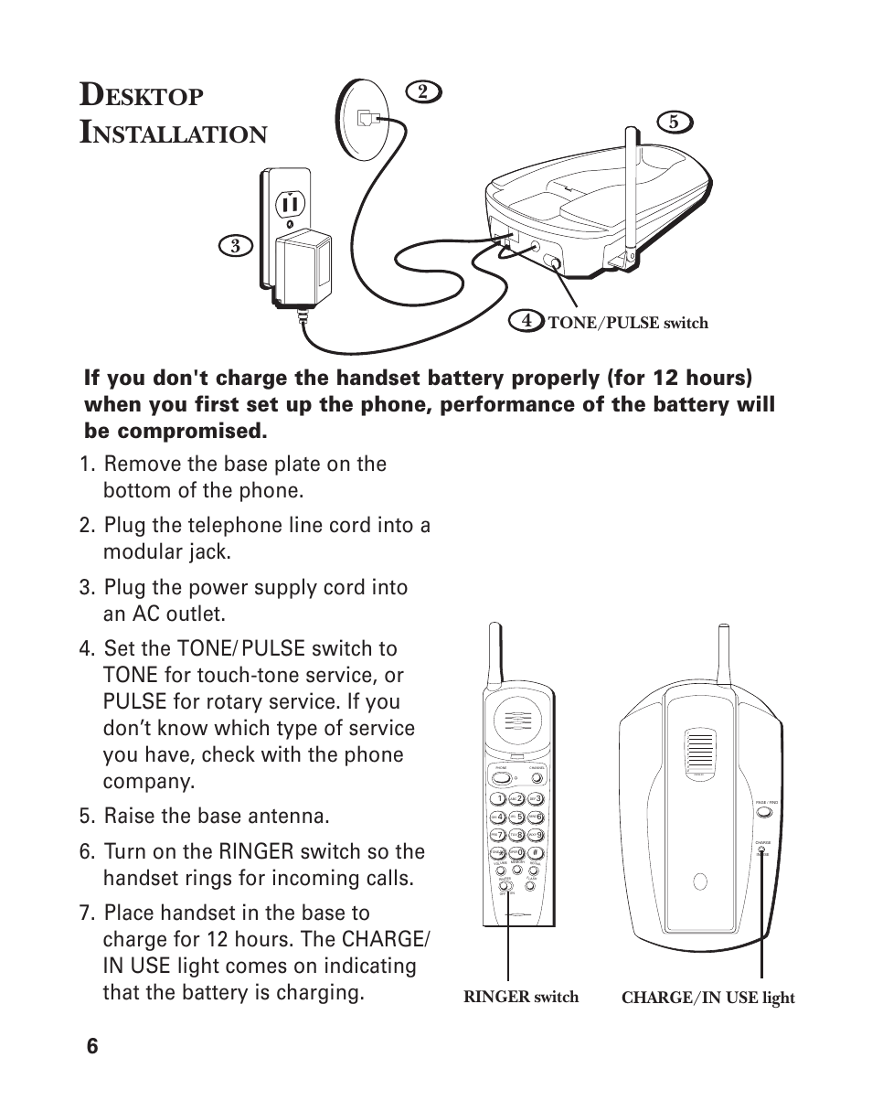 Esktop, Nstallation, Tone/pulse switch | Ringer switch charge/in use light | GE 2-9762 User Manual | Page 6 / 20