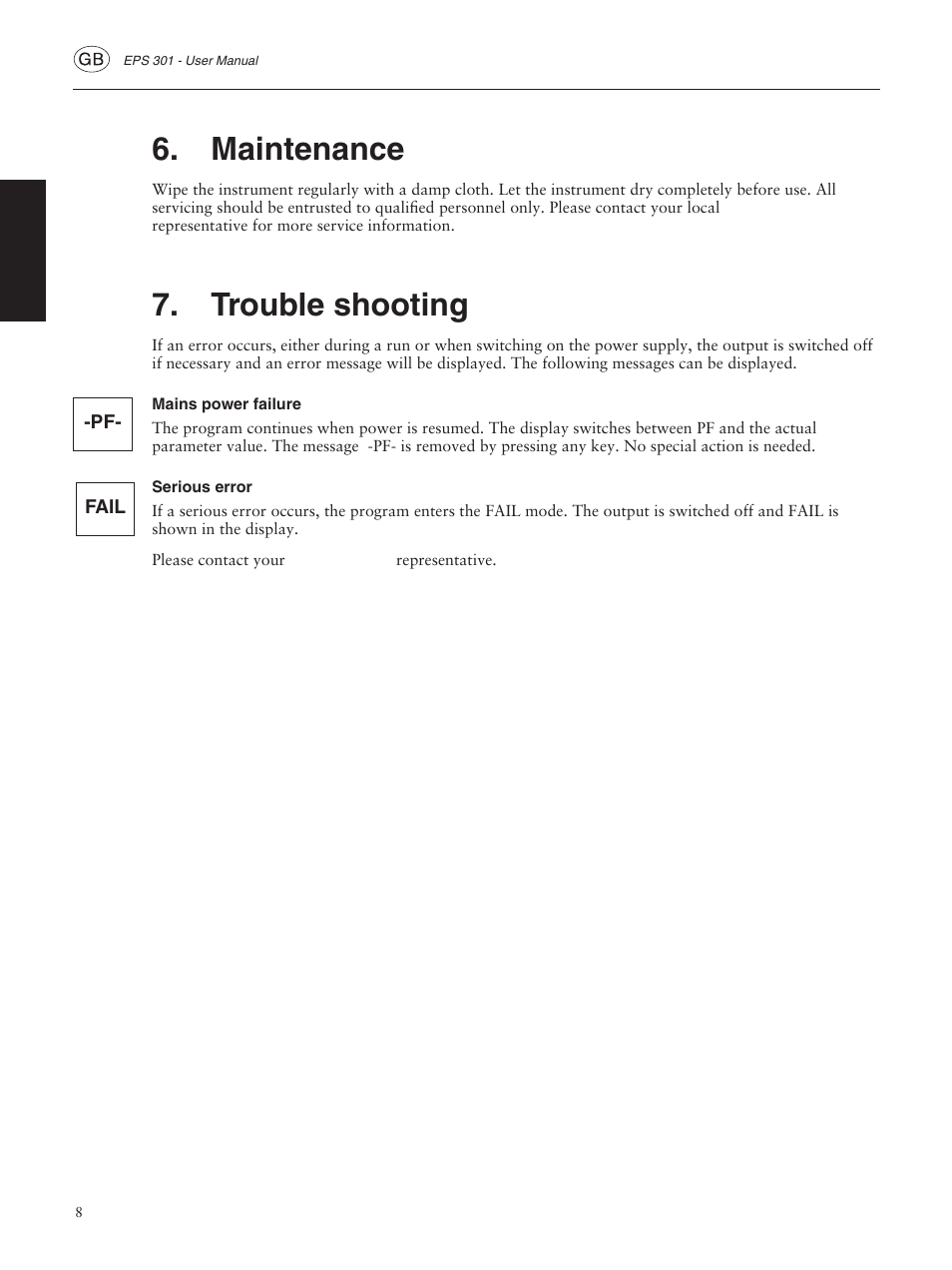 Maintenance, Trouble shooting, Mains power failure | Serious error | GE ELECTROPHORESIS EPS 301 User Manual | Page 10 / 38