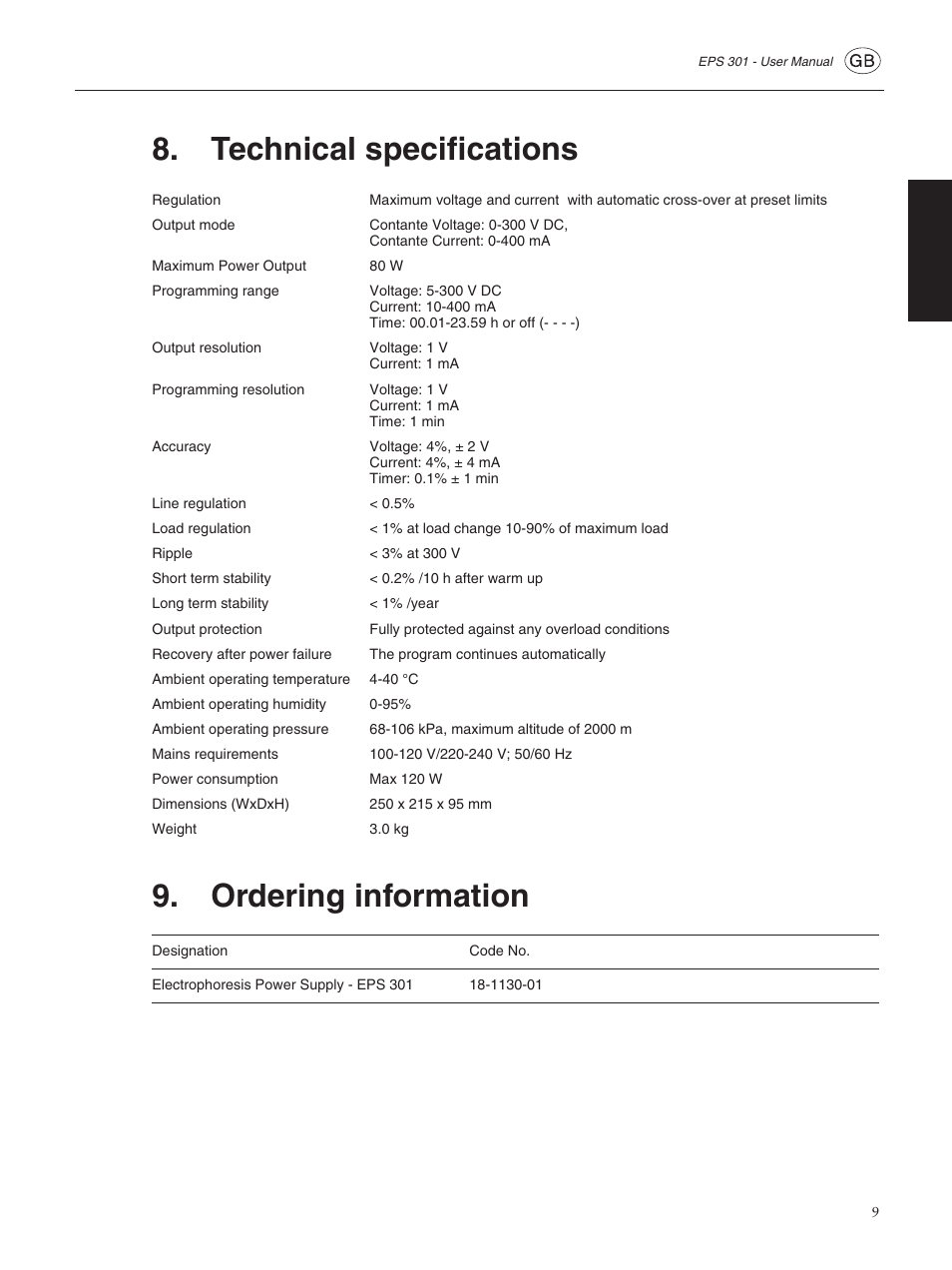 Technical specifications, Ordering information | GE ELECTROPHORESIS EPS 301 User Manual | Page 11 / 38