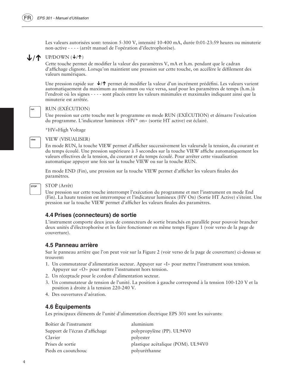 4 prises (connecteurs) de sortie, 5 panneau arrière, 6 èquipements | GE ELECTROPHORESIS EPS 301 User Manual | Page 16 / 38