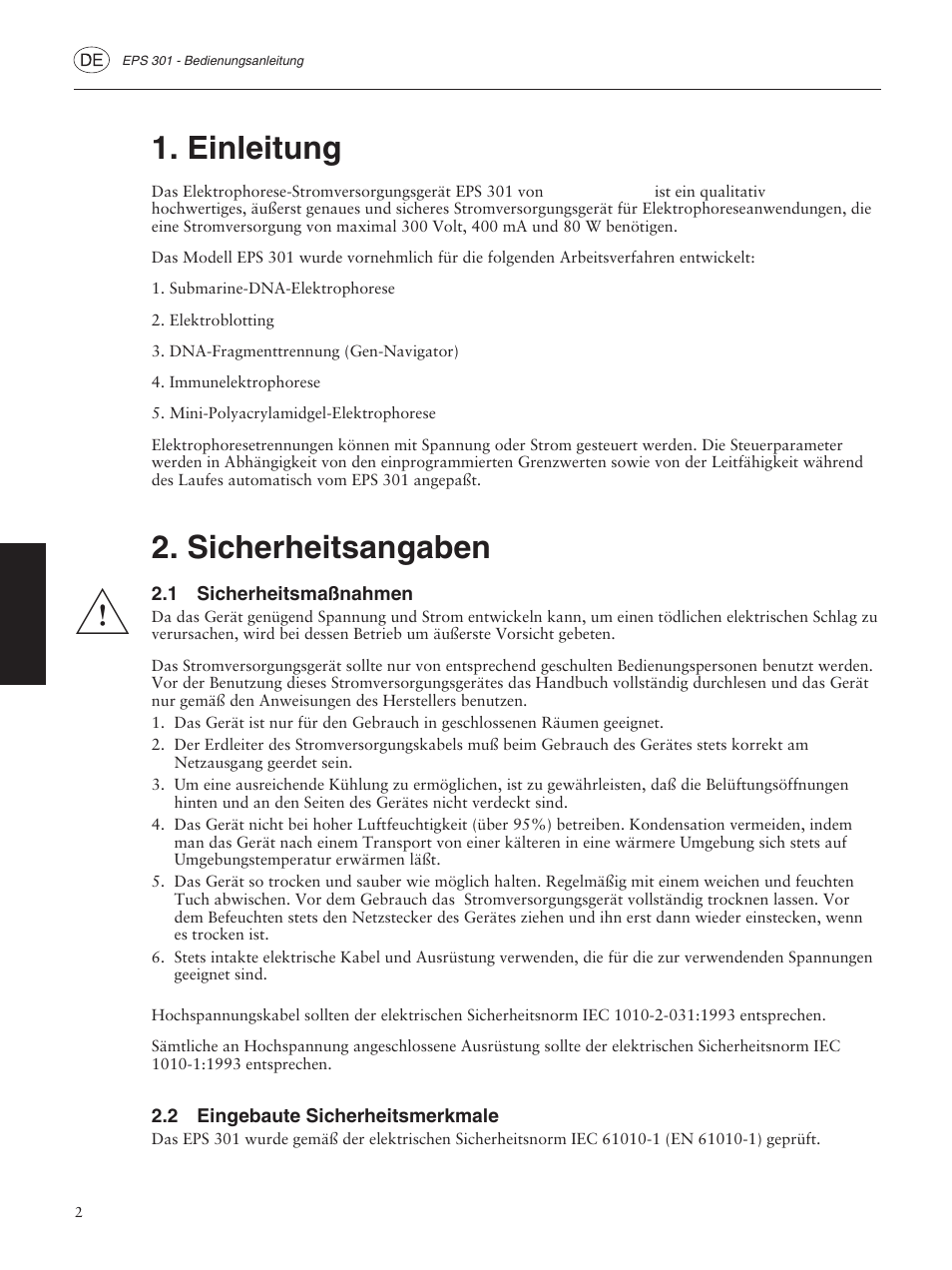 Einleitung, Sicherheitsangaben, 1 sicherheitsmaßnahmen | 2 eingebaute sicherheitsmerkmale | GE ELECTROPHORESIS EPS 301 User Manual | Page 20 / 38