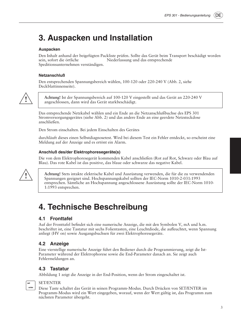 Auspacken und installation, Auspacken, Netzanschluß | Anschluß des/der elektrophoresegeräte(s), Technische beschreibung, 1 fronttafel, 2 anzeige, 3 tastatur | GE ELECTROPHORESIS EPS 301 User Manual | Page 21 / 38