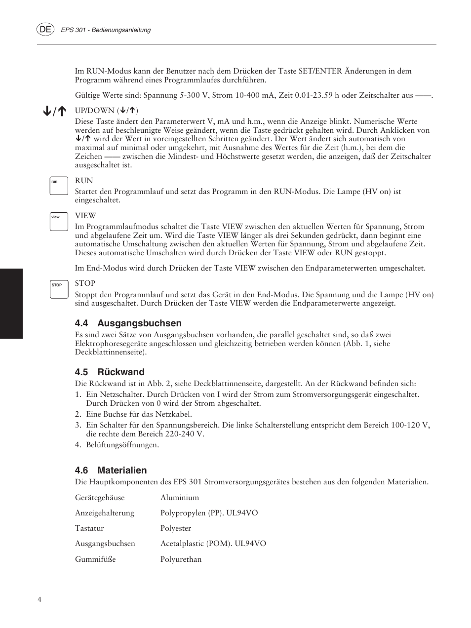 4 ausgangsbuchsen, 5 rückwand, 6 materialien | GE ELECTROPHORESIS EPS 301 User Manual | Page 22 / 38