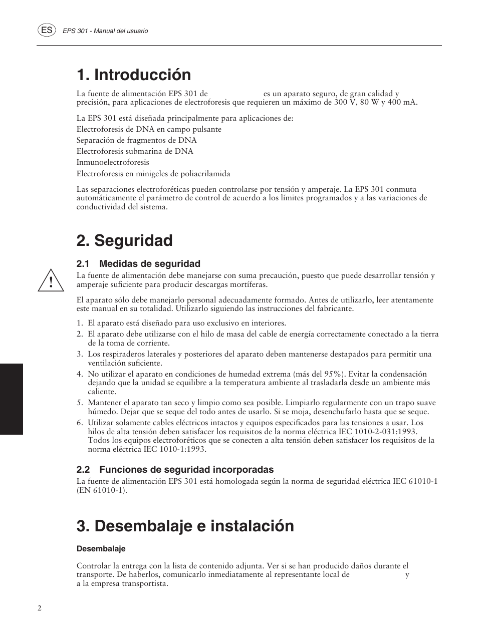 Introducción, Seguridad, 1 medidas de seguridad | 2 funciones de seguridad incorporadas, Desembalaje e instalación, Desembalaje | GE ELECTROPHORESIS EPS 301 User Manual | Page 26 / 38