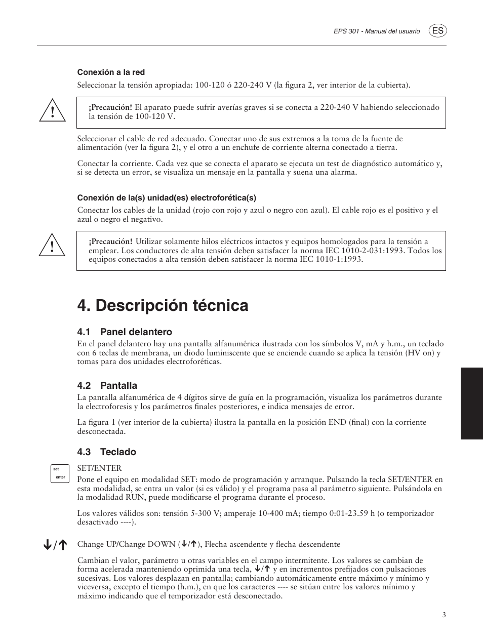 Conexión a la red, Conexión de la(s) unidad(es) electroforética(s), Descripción técnica | 1 panel delantero, 2 pantalla, 3 teclado | GE ELECTROPHORESIS EPS 301 User Manual | Page 27 / 38