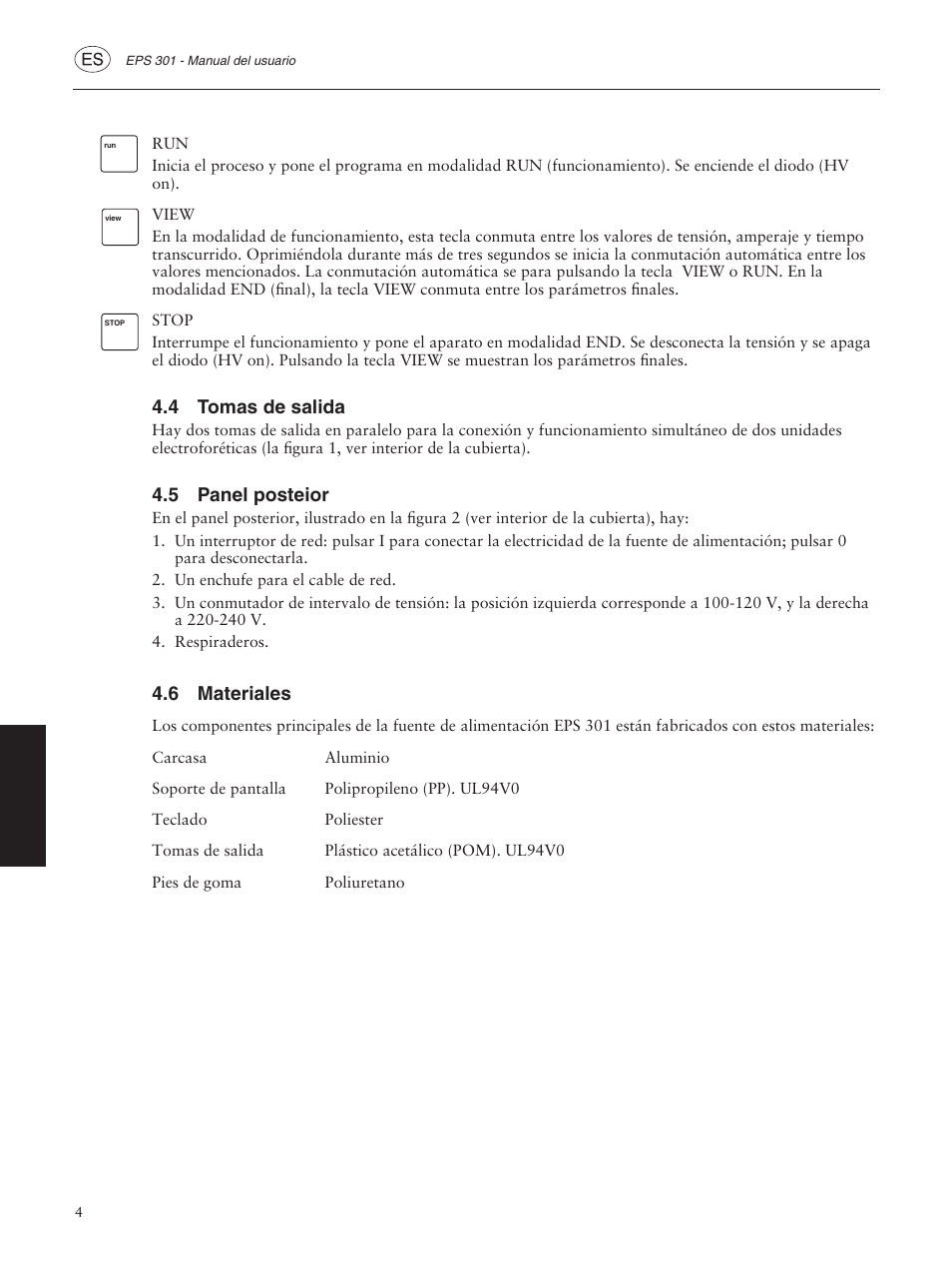 4 tomas de salida, 5 panel posteior, 6 materiales | GE ELECTROPHORESIS EPS 301 User Manual | Page 28 / 38