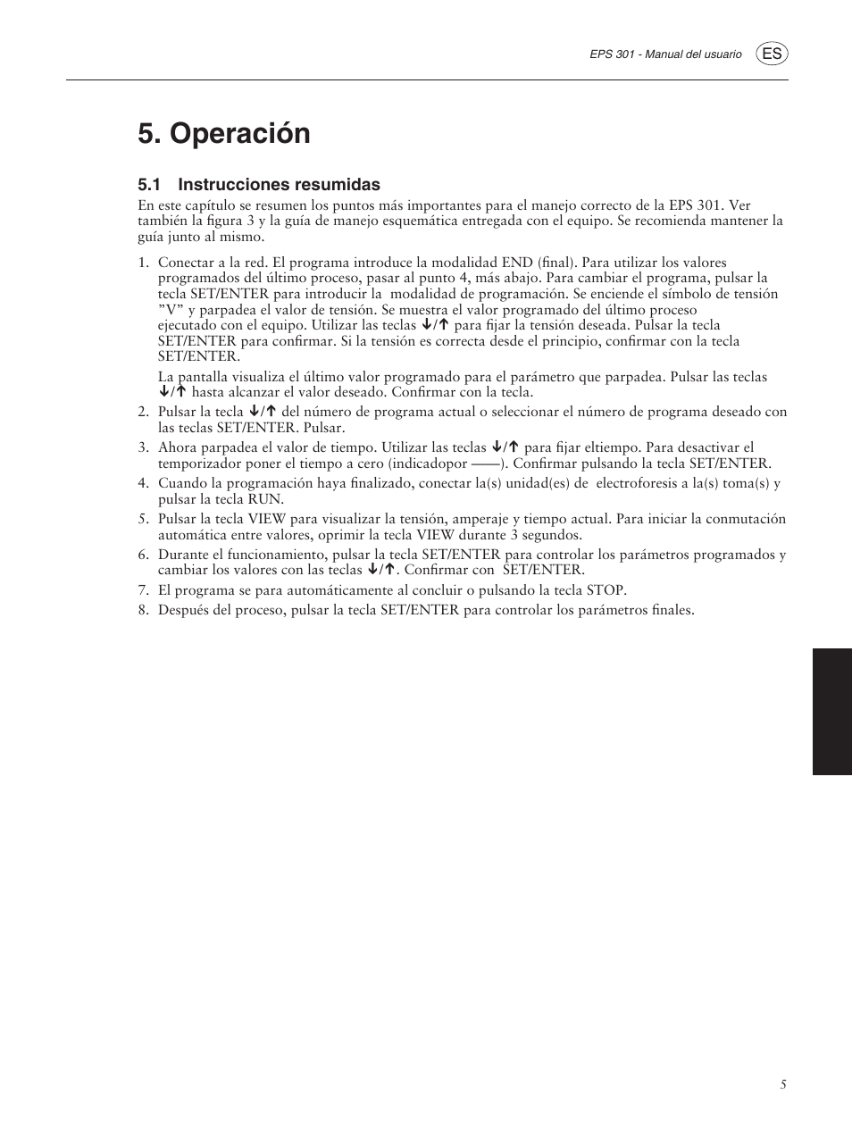 Operación, 1 instrucciones resumidas | GE ELECTROPHORESIS EPS 301 User Manual | Page 29 / 38