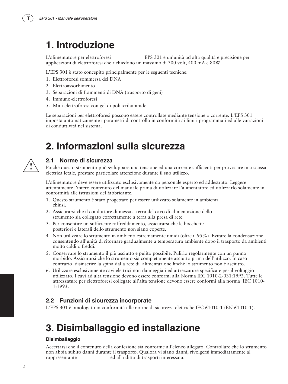 Introduzione, Informazioni sulla sicurezza, 1 norme di sicurezza | 2 funzioni di sicurezza incorporate, Disimballaggio ed installazione, Disimballaggio | GE ELECTROPHORESIS EPS 301 User Manual | Page 32 / 38