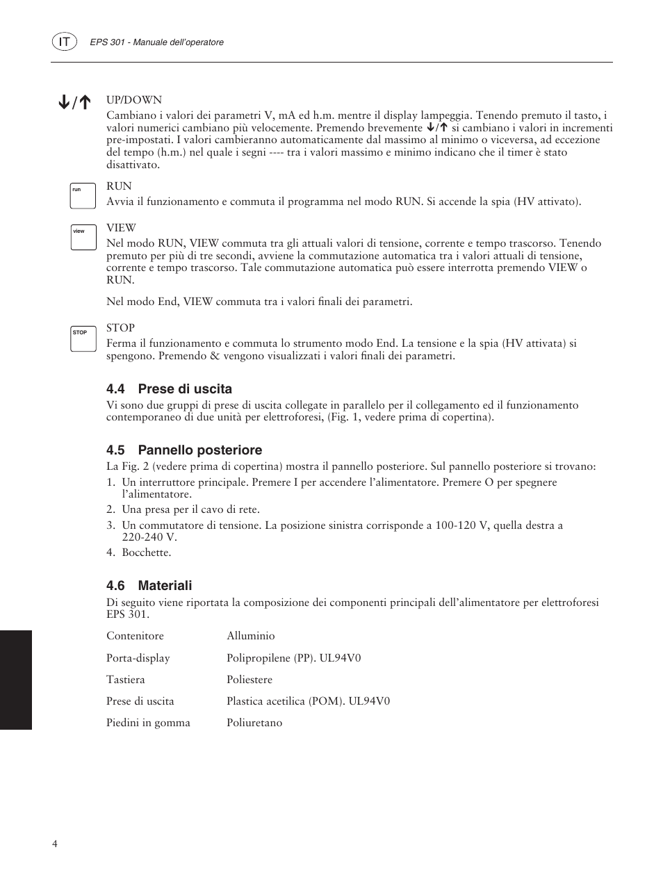 4 prese di uscita, 5 pannello posteriore, 6 materiali | GE ELECTROPHORESIS EPS 301 User Manual | Page 34 / 38