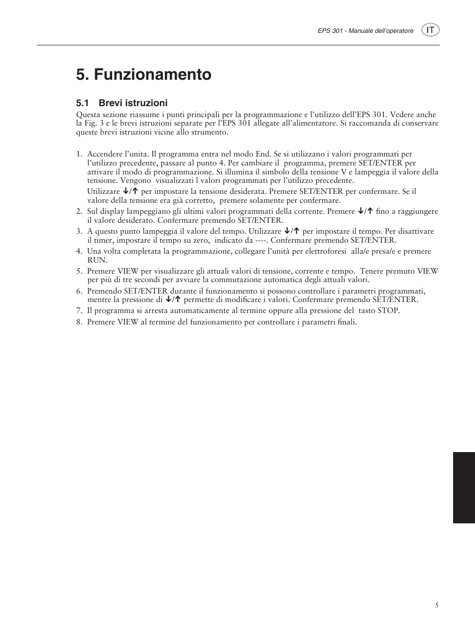 Funzionamento, 1 brevi istruzioni | GE ELECTROPHORESIS EPS 301 User Manual | Page 35 / 38