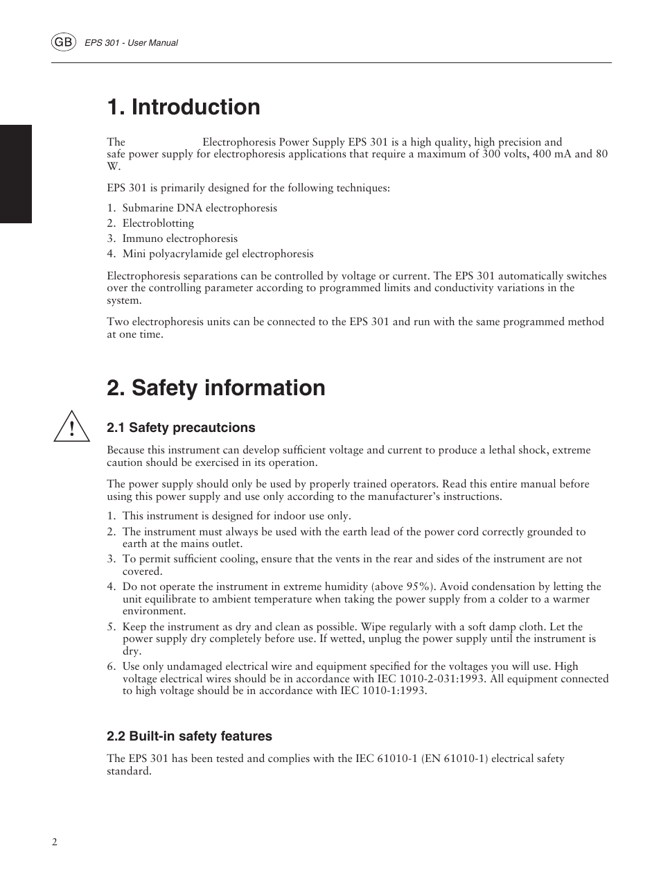 Introduction, Safety information, 1 safety precautcions | 2 built-in safety features | GE ELECTROPHORESIS EPS 301 User Manual | Page 4 / 38