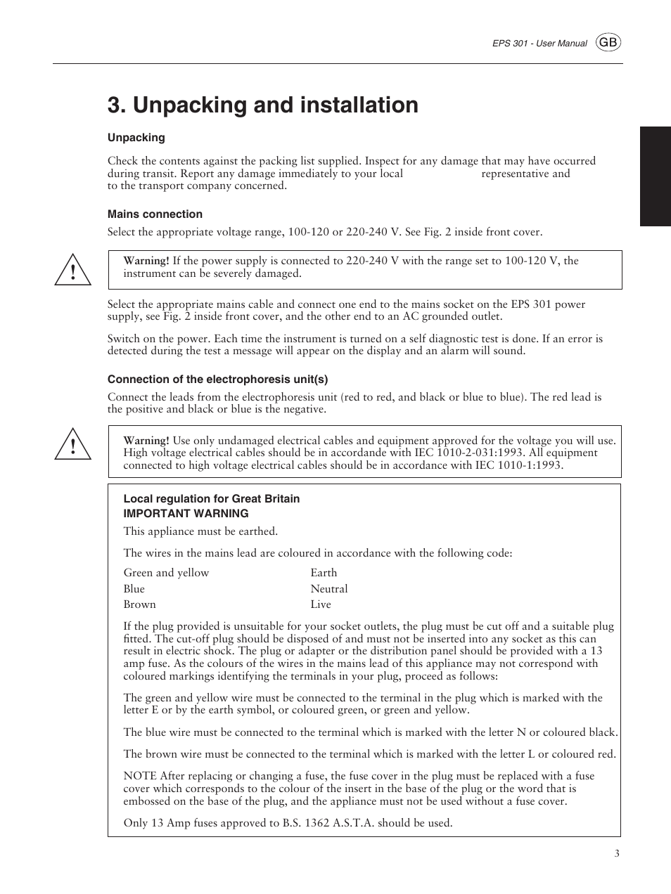 Unpacking and installation, Unpacking, Mains connection | Connection of the electrophoresis unit(s), Local regulation for great britain | GE ELECTROPHORESIS EPS 301 User Manual | Page 5 / 38