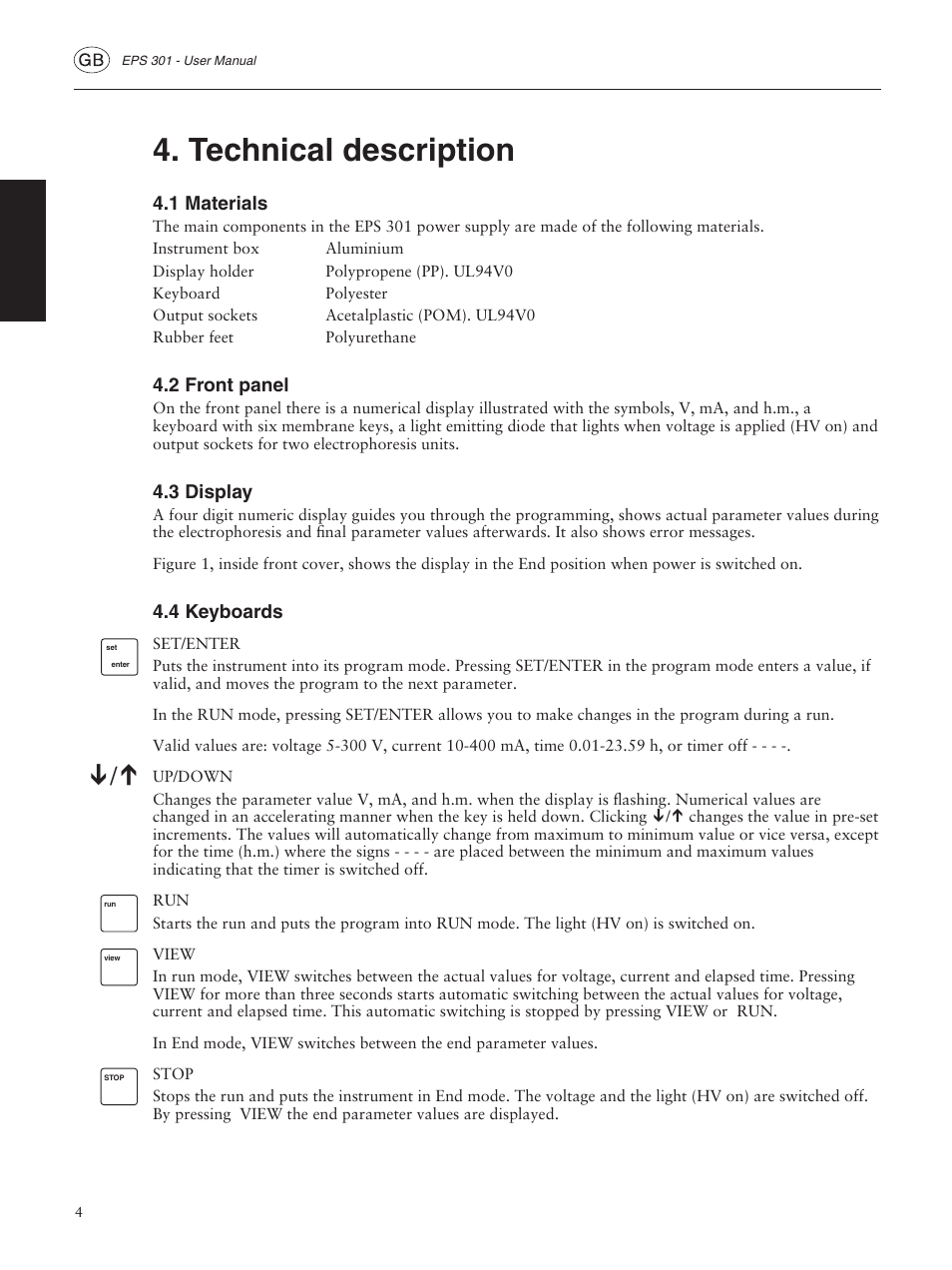 Technical description, 1 materials, 2 front panel | 3 display, 4 keyboards | GE ELECTROPHORESIS EPS 301 User Manual | Page 6 / 38