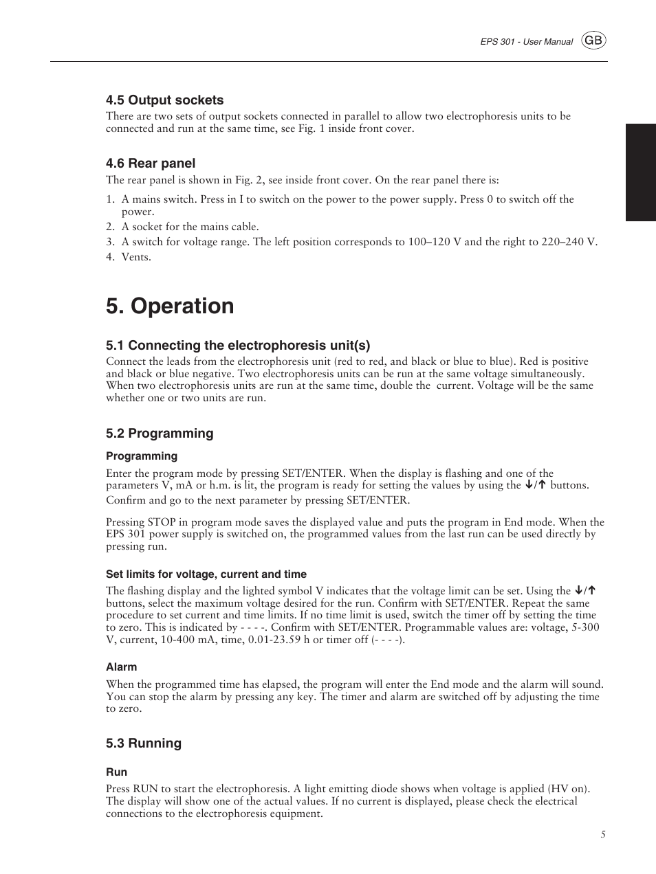 5 output sockets, 6 rear panel, Operation | 1 connecting the electrophoresis unit(s), 2 programming, Programming, Set limits for voltage, current and time, Alarm, 3 running | GE ELECTROPHORESIS EPS 301 User Manual | Page 7 / 38