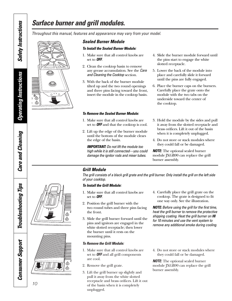 Grill module, Grill module –13, Surface burner and grill modules | GE JGP990 User Manual | Page 10 / 80